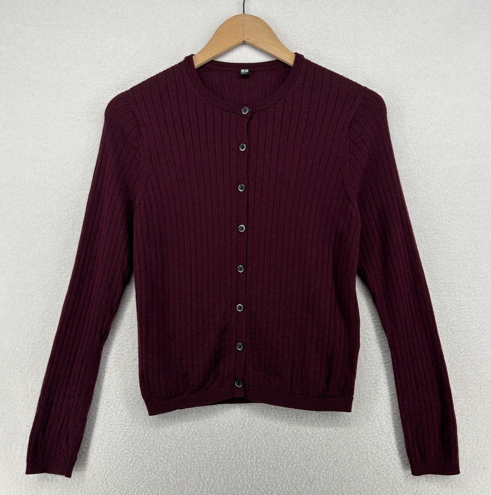 UNIQLO Sweater Womens L 100% Wool Ribbed Cardigan Button Up Long Sleeve Maroon
